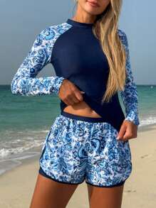 Swim SPRTY Traje de baño de 2 en 1 con camiseta de protección solar de manga larga con estampado de porcelana azul y blanco y shorts, adecuado para surf, playa, vacaciones de verano, conservador, ropa de playa para mujeres - Multicolor - Ver 5