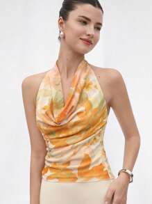 Aveloria Rosie Top de tirantes elegante estilo resort con cuello de escote barco, cintura fruncida con cordón, estampado de hojas coloridas en tela de malla