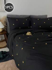 Bộ 3 món, 100% Polyester, Bộ ga trải giường thêu hoa trang nhã (Không bao gồm chăn bông, gồm 1 ga trải giường và 2 vỏ gối), Bộ chăn ga gối hiện đại bằng polyester phù hợp cho mọi mùa. - màu đen - Xem 4
