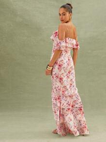 L'Amorae Vestido de verano elegante con volantes de gasa y hombros descubiertos con diseño floral, atuendos de verano para mujer - Multicolor - Ver 4