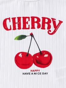 SHEIN Conjunto de 2 piezas de niña joven para vacaciones: Camiseta de punto de manga corta con cuello redondo y estampado de cerezas refrescante y dulce + Pantalones cortos holgados a cuadros rojos, para vacaciones, verano, viajes - Blanco - Ver 7