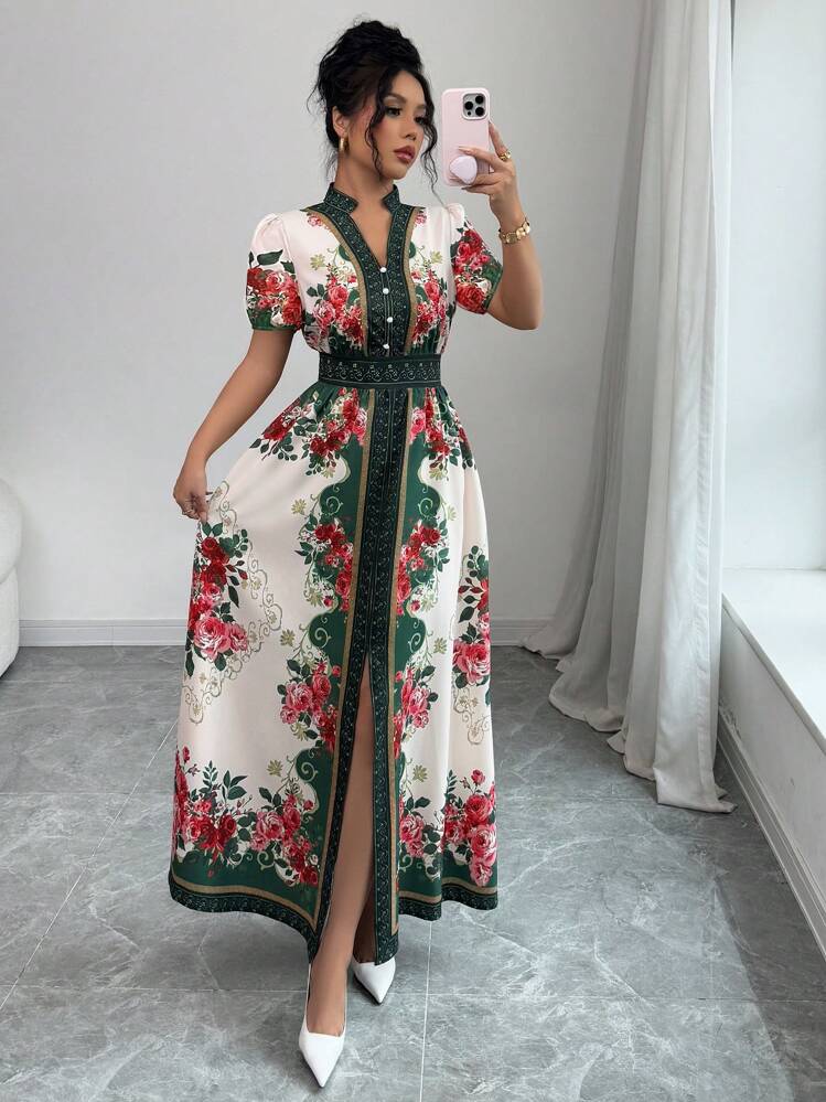 Casual Dresses Amazon Chinna Pillala Dresses Elenzga Floral Print Stand  Collar Puff Sleeve Dress For Vacation