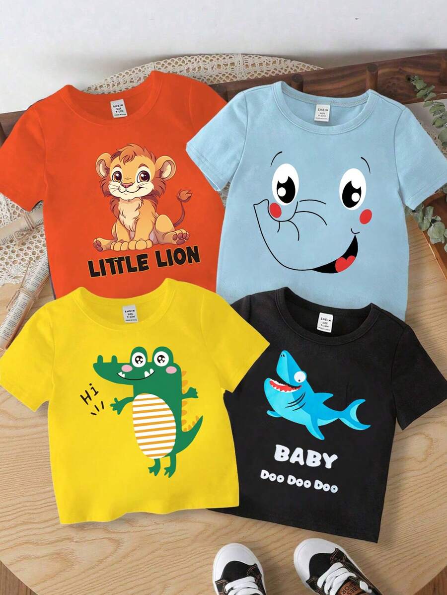 SHEIN 4pcs Baby Boy Casual Cute Cartoon Animal Graphic Print Basic Round Neck Short Sleeve T-Shirt