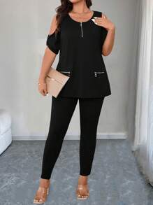 SHEIN LUNE Plus Size Women Plus Size Zipper Decor 2 Pieces Set - Black - View 1
