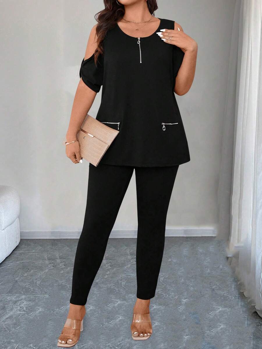 SHEIN LUNE Plus Size Women Plus Size Zipper Decor 2 Pieces Set - Black - View 1