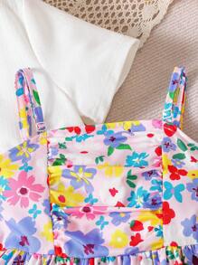 Vestido con tirantes largos con estampado de flores de dopamina para niña preadolescente, con chaqueta corta de color liso