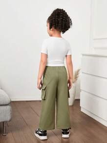 SHEIN 2pcs/Set Young Girl Knitted Solid Color Round Neck Pleated Top And Loose Casual Cargo Pants'