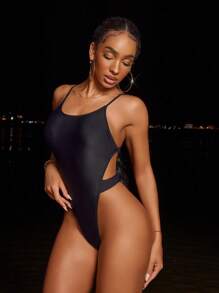 Swim SXY Women's Sexy Elegant Solid Color Criss-Cross Backless Diamond Metal Accessory One-Piece Swimsuit, Simple & Fashionable