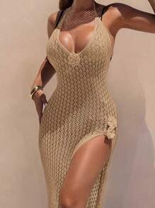 Swim SXY Crocheted Floral Block Knit Wrap Around Tie Front Split Side Dress Coverup For Summer Beach Vacation - Khaki - View 3