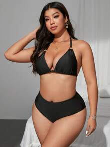 Swim SXY Plus Size Women 3 Pieces Set - Halter Strap Bandage Bikini Set With Metal Ring Decor, Paired With Leopard Print Perforated Fabric Long Sleeve Cover Up Dress, Sexy Beach Resort Swimwear Set, Summer Vacation