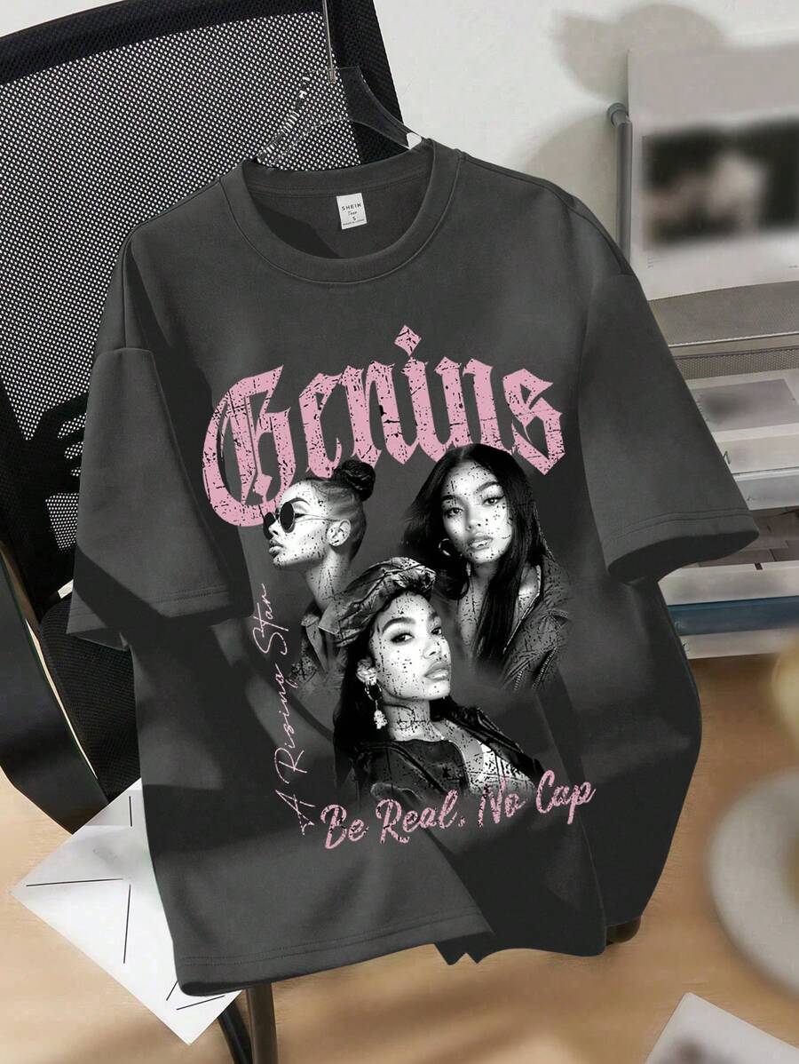 SHEIN EZwear Áo thun tay ngắn cổ tròn họa tiết tối giản giản dị cỡ lớn cho nữ - Màu xám đen - Xem 1