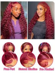 Perruque de cheveux humains à lacets frontaux bouclés frisés Bordeaux 99J 13x4, perruque à lacets frontaux transparents de couleur vin rouge 99j bouclée 13x4 pour femmes