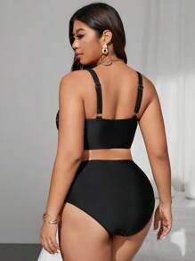 SHEIN Swim Curve Bikini de 2 piezas para mujer de talla grande con sujetador de tirantes anchos y bloques de color, y pantis de tiro alto, para playa/resort, vacaciones de verano