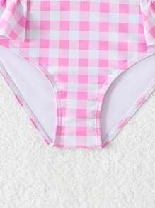 适合海滩的年轻女孩格子荷叶边下摆比基尼套装 - 粉色 - 查看 4