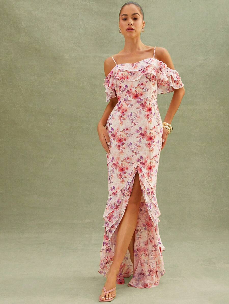 L'Amorae Elegant Floral Off Shoulder Chiffon Ruffle Detail Sundress, Summer Outfits For Women - Multicolor - View 1