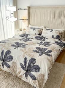 3pcs Leaf Pattern Polyester Printed Duvet Cover And Pillow Case Set - Multicolor - View 9