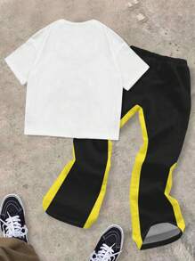 SHEIN 青少年男孩 LUCKY STAR，涂鸦男孩头像，朋克，哥特，摇滚，个性化，态度，2 件套，圆领 T 恤和喇叭裤，休闲装，适合夏季 - 彩色 - 查看 2