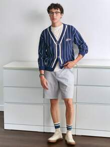 Manfinity Sporsity V-Neck Front Button Striped Print Long Sleeve Knit Cardigan