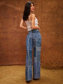 WESTFADE Pantalones vaqueros anchos y acampanados con estampados mixtos occidentales de paisley y patchwork
