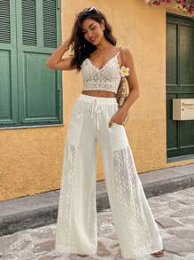 Calvaya Women's Fashion Lace Patchwork White Casual Holiday Pants Fall Cloth For Women