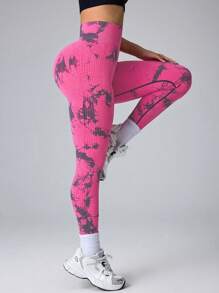 SHEIN Core Rhythm Quần tập yoga cạp cao liền mạch nhuộm màu tie-dye cho nữ - Màu Hồng Tươi - Xem 4