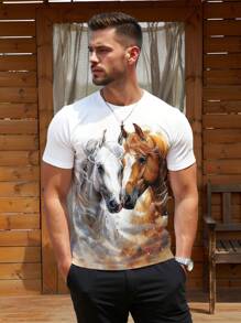 Manfinity RSRT Men's Fashion Casual Vacation Watercolor Painting Realistic Horse Print Fitted T-Shirt, Suitable For Summer Outdoor Party Wear, Couples, Family Matching Top, Great Gift For Boyfriend