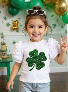 SHEIN Young Girl Casual Minimalist St. Patrick's Day Clover Print Short Sleeve Round Neck T-Shirt, Suitable For Summer - White - View 1