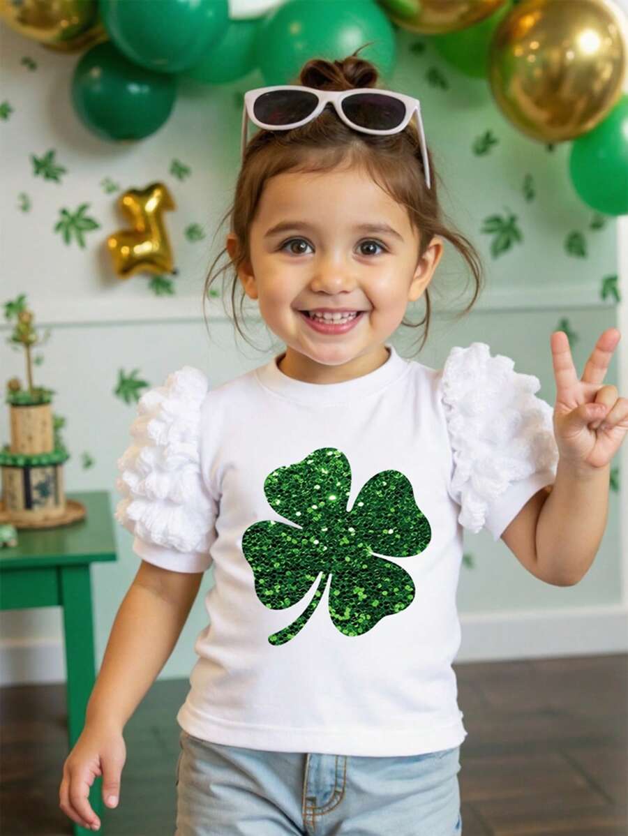 SHEIN Young Girl Casual Minimalist St. Patrick's Day Clover Print Short Sleeve Round Neck T-Shirt, Suitable For Summer - White - View 1