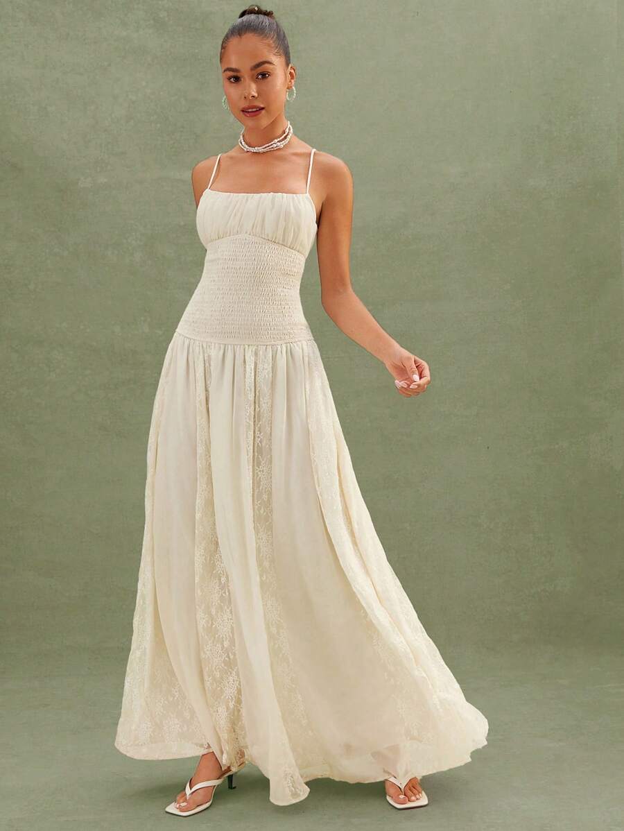 L'Amorae Flowy Smocked Maxi Dress With Elegant Lace Details - Apricot - View 1