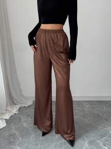 Elenzga Pantalones anchos brillantes, pantalones casuales con cintura elástica de material texturizado - Marrón - Ver 3