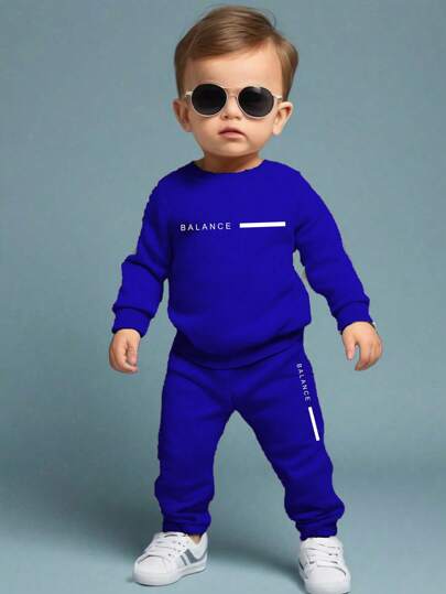 SHEIN 2개 베이비 보이 캐주얼 심플 레터 그래픽 프린트 크루넥 스웨트셔츠 & 조거 팬츠 세트 베이비 트랙수트