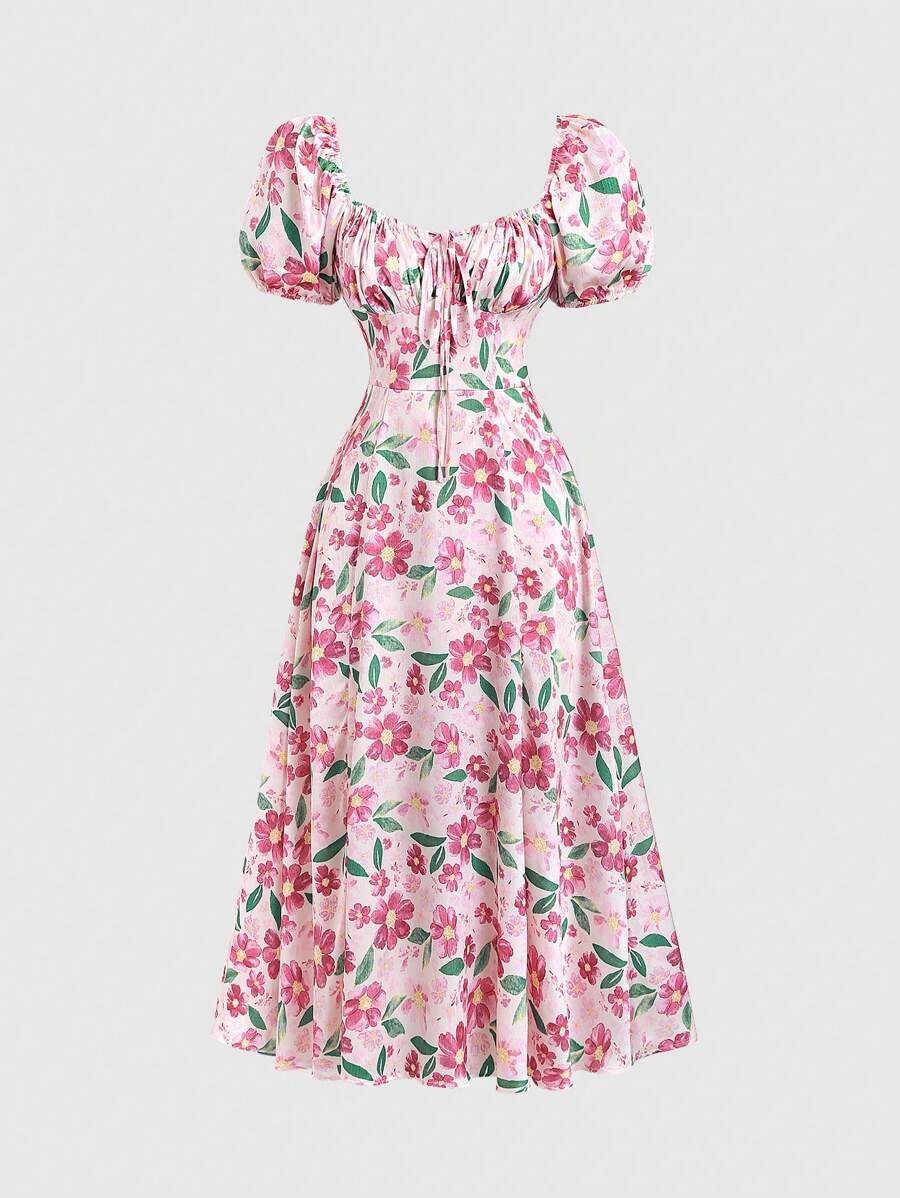 Sweetra 女士优雅碎花方领荷叶边系带袖度假中长连衣裙