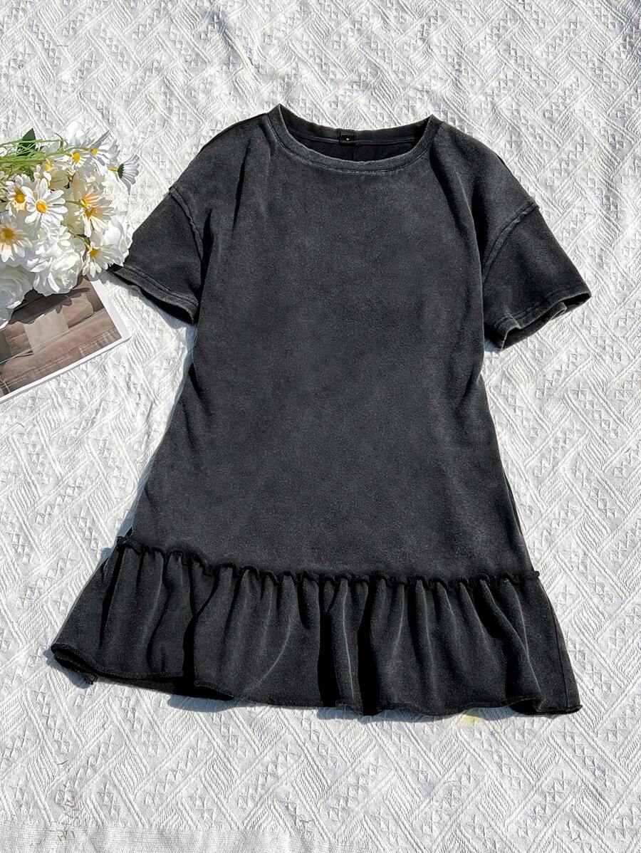 Comfortcana Women's Summer Casual Distressed Ruffle Hem Short Sleeve Dress, Suitable For Daily Street Wear - Black - View 1