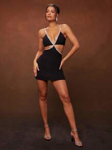 Hauture 带水钻饰带的镂空迷你连衣裙 - 黑色 - 查看 3