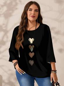 EMERY ROSE Camisa de cuello redondo, manga 3/4, de estilo casual y minimalista, para tallas grandes - Multicolor - Ver 6