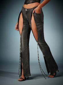 Denimoi Celana Jeans Fit and Flare dengan Detail Resleting dan Motif Cuci - Grey - View 4