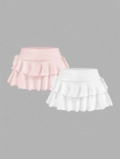 SHEIN MOD 2pcs Set Women's Casual Minimalist Ruched Waist A-Line Ruffle Skirt,Concert Women,Cruise Women,Club Women Sexy Suitable For Going Out Chic Dress