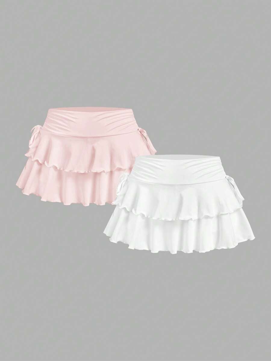 SHEIN MOD 2pcs Set Women's Casual Minimalist Ruched Waist A-Line Ruffle Skirt,Concert Women,Cruise Women,Club Women Sexy Suitable For Going Out Chic Dress - Multicolor - View 1