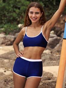 Swim SPRTY 2pcs Women Solid & Color-Block Sports Bikini Set, Simple Style Swimsuits And Swimming Trunks, Summer Beach Vacation