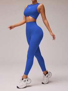 Slayoga Conjunto deportivo de top elástico simple y leggings para mujer, conjunto de verano para gimnasio, conjunto de entrenamiento de leggings para mujer
