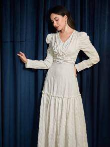 Modelyn Women's Elegant White Shirred Maxi Dress With Puff Sleeves And Ruffle Hem