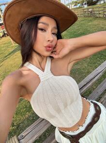 SHEIN EZwear Top de punto ajustado con cuello halter y corte en color liso para mujer