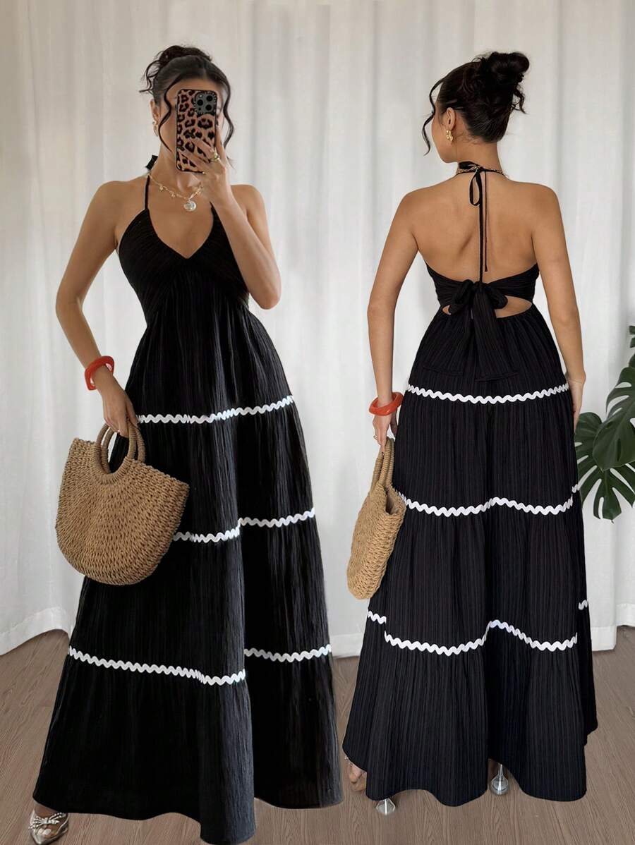 SHEIN Raffinéa Damen Lässig Resorts Stil Spaghettiträger Asymmetrisches Langes Kleid mit Gerüschtem Saum und Rückenausschnitt, Frühling/Sommer Neuerscheinung Schwarz - Schwarz - Übersicht 1