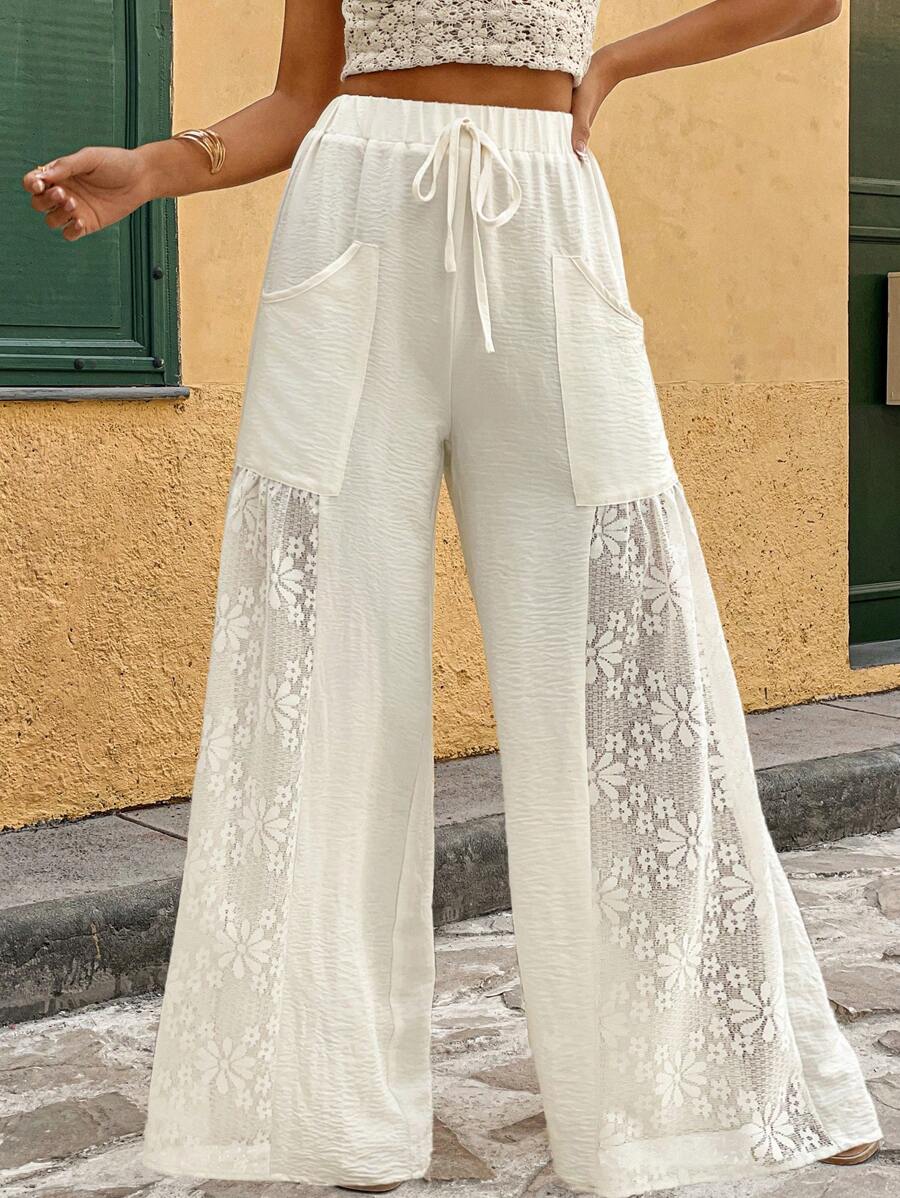 Calvaya Women's Fashion Lace Patchwork White Casual Holiday Pants Fall Cloth For Women