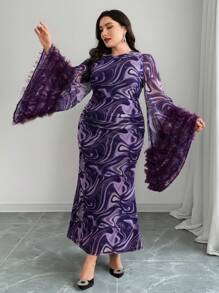 Modelyn 大码优雅派对大理石印花网眼撞色喇叭袖中长连衣裙