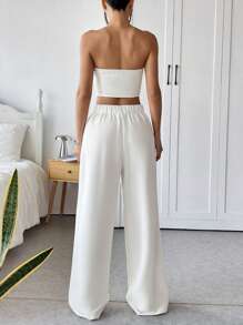 Muchica بدلة للسيدة تشمل سترة مضفرة بيضاء وبنطال مصمم بشكل أنيق وبسيط، ملابس كاجوال يومية