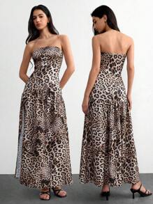 Chiquease Sleeveless Sexy Thigh Slit Leopard Print Dress - Coffee Brown - View 1