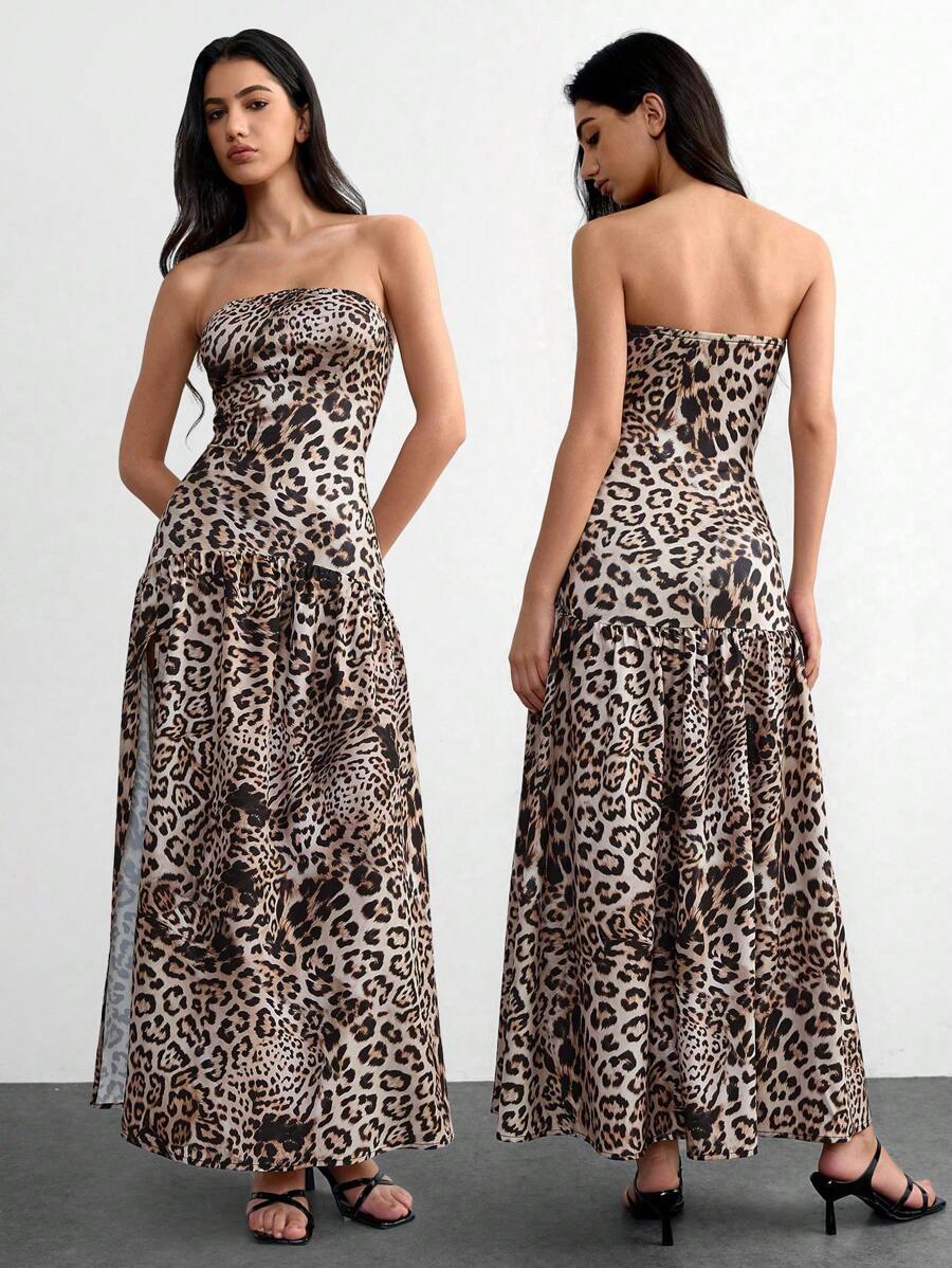 Chiquease Sleeveless Sexy Thigh Slit Leopard Print Dress - Coffee Brown - View 1