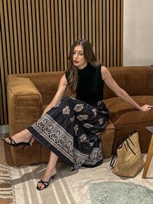 Pariaura Fashionable Flared Black Print A-Line Skirt, Versatile And Elegant For Women In Spring/Summer Fall Cloth For Women