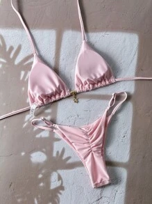 Swim Chiccia Women's Solid Color Halter Metal Pendant Jewelry Set, Sexy Thong Bikini Swimsuit For Summer - 粉色 - 查看 2